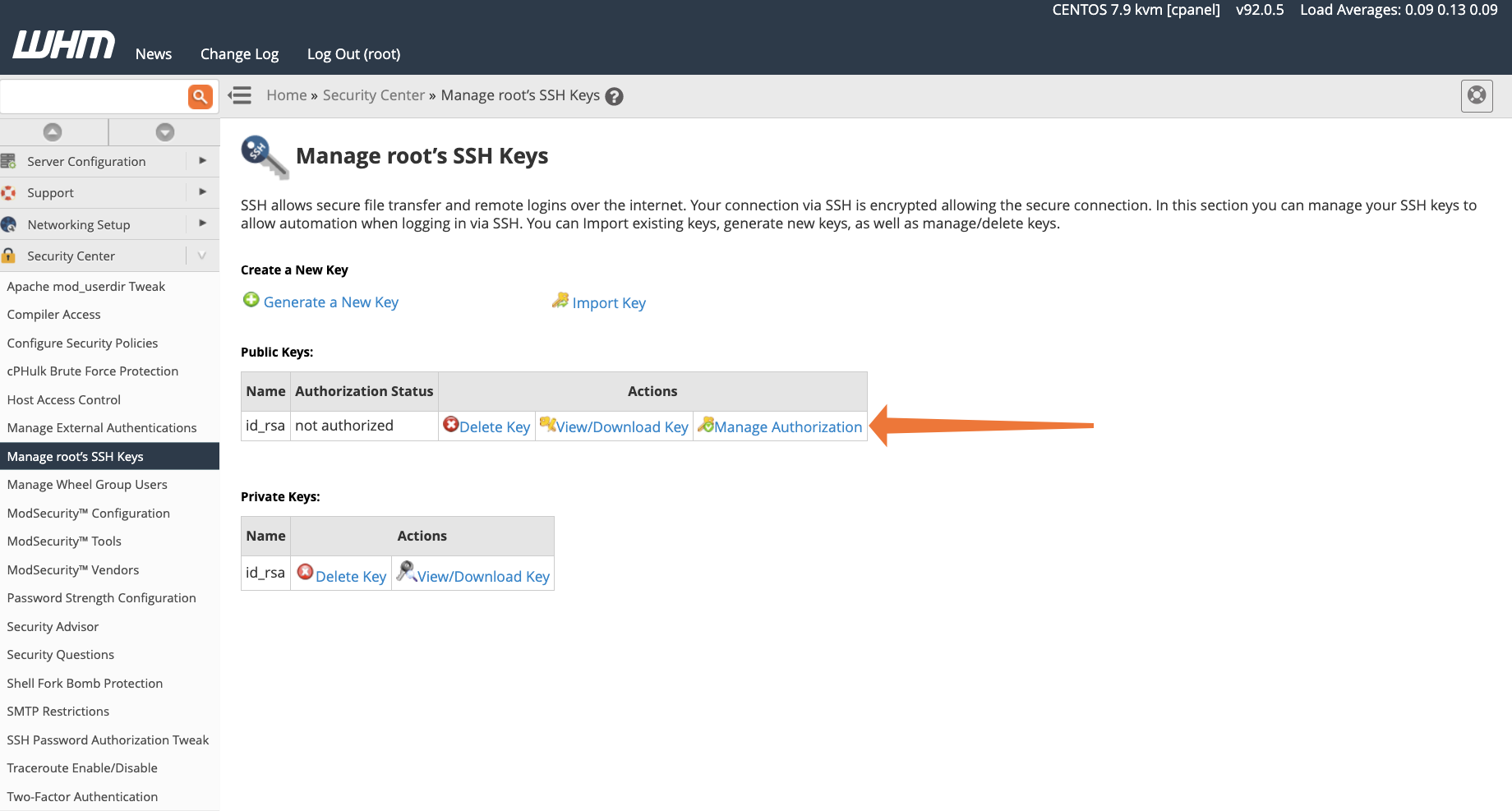 cPanel Authorize SSH Key